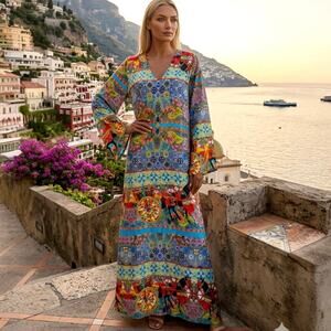 NWT ANTICA SARTORIA Long Mumu Kaftan Cirque Dress L/XL Horses Maximalist Artsy